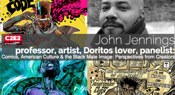 Photo of John Jennings Artwork and Black Comics And Action Entertainment C2E2 panel Black Male Identity in Comics