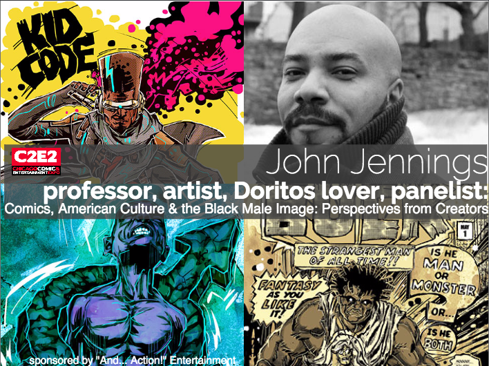 Photo of John Jennings Artwork and Black Comics And Action Entertainment C2E2 panel Black Male Identity in Comics